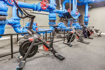 a row of exercise bikes in front of blue pipes